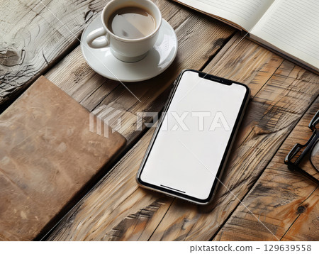 Workspace with Smartphone and Coffee by the Window Workspace with Smartphone and Coffee by the Window 129639558