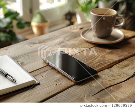Workspace with Smartphone and Coffee by the Window 129639559