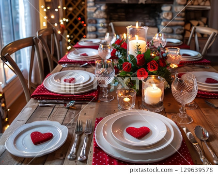 Elegant Holiday Dinner Table with Red Napkins and Candlelight 129639578