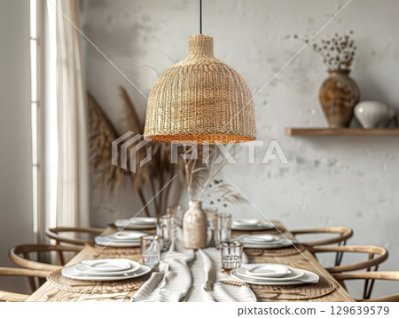 Rustic Dining Table with Natural Light and Dried Flowers 129639579