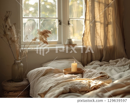 Minimalist Cozy Bedroom with Candles and Natural Light Minimalist Cozy Bedroom with Candles and Natural Light 129639597