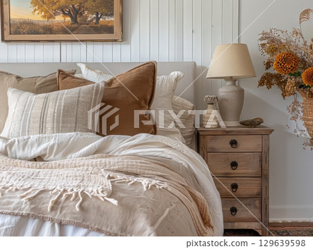 Cozy Bedroom with Rustic Nightstand and Ambient Lighting 129639598