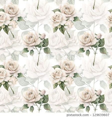 Roses on stem with bud and leaves white garden flower arrangements Watercolor hand painted floral seamless pattern on white background for wedding design home textile fabric crockery wrapping paper 129639607