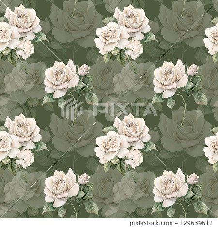 Roses on stem with bud and leaves white garden flower arrangements Watercolor hand painted floral seamless pattern on green background for wedding design home textile fabric crockery wrapping paper Roses on stem with bud and leaves white garden flower arrangements Watercolor hand painted floral seamless pattern on green background for wedding design home textile fabric crockery wrapping paper 129639612