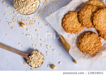 Oatmeal cookies with hazelnuts. Flat lay Oatmeal cookies with hazelnuts. Flat lay 129639641
