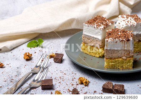 Homemade pie with custard and nuts 129639680