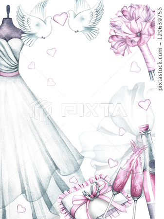 Wedding vertical frame with a bride's dress, wedding rings, champagne, and other wedding elements. Hand-drawn watercolor illustration. For greeting and invitation cards, flyers, and posters. Wedding vertical frame with a bride's dress, wedding rings, champagne, and other wedding elements. Hand-drawn watercolor illustration. For greeting and invitation cards, flyers, and posters. 129639756