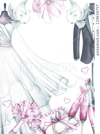 Wedding vertical frame with bride's dress and groom's suit, wedding rings, champagne and other wedding elements. Hand-drawn watercolor illustration. For greeting and invitation cards, flyers, posters. Wedding vertical frame with bride's dress and groom's suit, wedding rings, champagne and other wedding elements. Hand-drawn watercolor illustration. For greeting and invitation cards, flyers, posters. 129639757