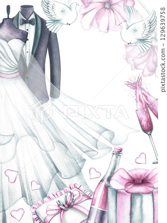 Wedding vertical frame with bride's dress and groom's suit, wedding rings, champagne and other wedding elements. Hand-drawn watercolor illustration. For greeting and invitation cards, flyers, posters. Wedding vertical frame with bride's dress and groom's suit, wedding rings, champagne and other wedding elements. Hand-drawn watercolor illustration. For greeting and invitation cards, flyers, posters. 129639758