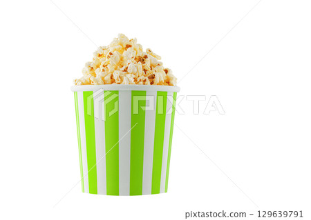 Delicious popcorn, classic box, classic paper cup with Green stripe, isolated on white background 129639791