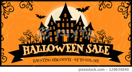 Halloween discount banner with haunted house and full moon vector design. 129639840