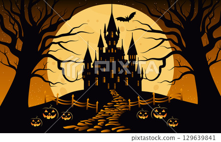 Scary Halloween background with haunted house in dark colors. 129639841