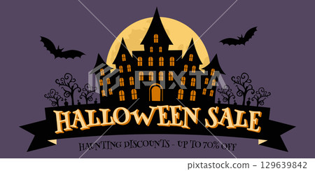 Halloween sale banner with haunted house bats and moon vector illustration. 129639842