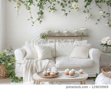 Bright Cozy Living Room with Natural Decor and Cupcakes 129639909