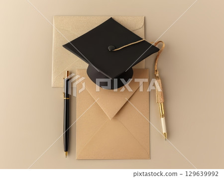 Graduation cap with envelopes and pens 129639992