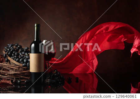 Red wine with grapes on a background of red flutters curtain. 129640061