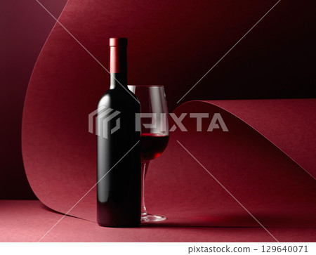 Bottle and glass of red wine on a red background. Bottle and glass of red wine on a red background. 129640071