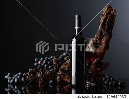 Bottle and glass of red wine with an old snag and blue grapes. 129640085