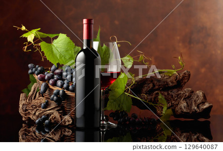 Glass and bottle of red wine with blue grapes and vine branches. 129640087