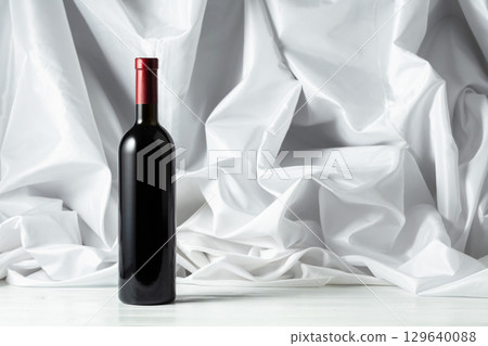 Bottle of red wine on a white wooden tfble. 129640088