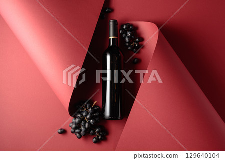 Bottle of red wine and blue grapes. Bottle of red wine and blue grapes. 129640104