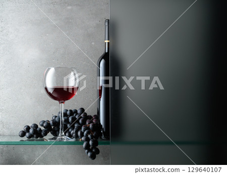 Bottle and a glass of red wine with a bunch of blue grapes. Bottle and a glass of red wine with a bunch of blue grapes. 129640107