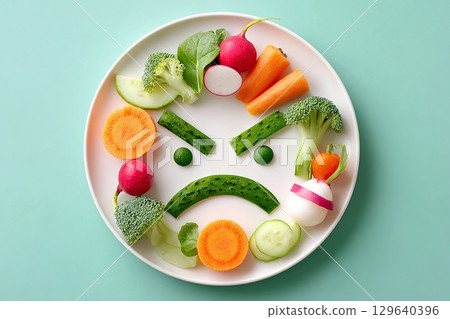 Creative veggie face art on a white plate featuring a variety of colorful vegetables Creative veggie face art on a white plate featuring a variety of colorful vegetables 129640396