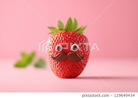 Strawberry with chocolate mustache and eyes on a pink background Strawberry with chocolate mustache and eyes on a pink background 129640434