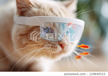 Cat wearing AR glasses attempts to catch virtual fish indoors during bright afternoon 129640523