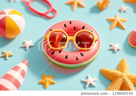 Fun summer float with colorful ring and playful goggles on a bright blue background 129640539