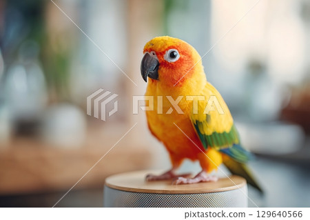 Bright parrot perched on a wooden surface in a natural light setting 129640566