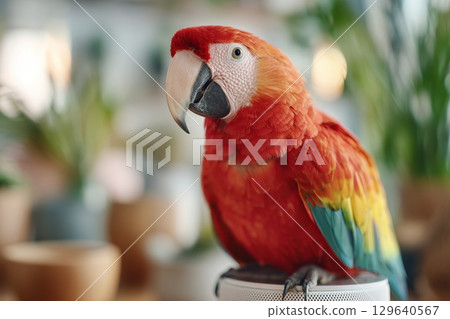 Colorful macaw perched in a tropical setting with lush greenery and natural decor 129640567