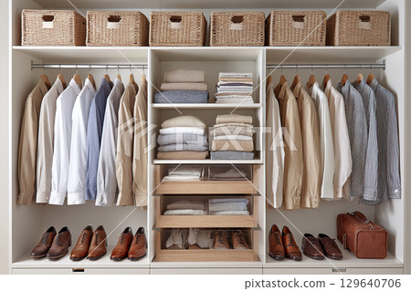 Organized wardrobe displays high-quality clothing and accessories in a contemporary design 129640706