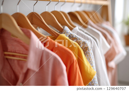 High-quality wardrobe displaying various stylish shirts in a well-lit closet 129640707