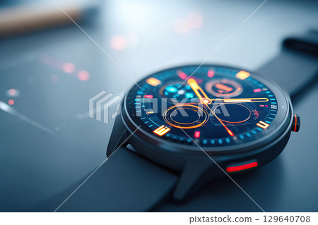 Smartwatch displays sleek design on tidy workspace during daytime activities 129640708