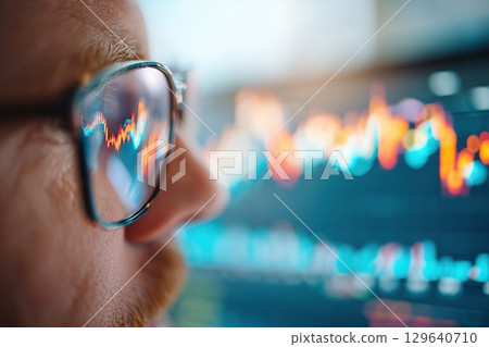 Close-up view of person analyzing financial data on a screen with glasses 129640710