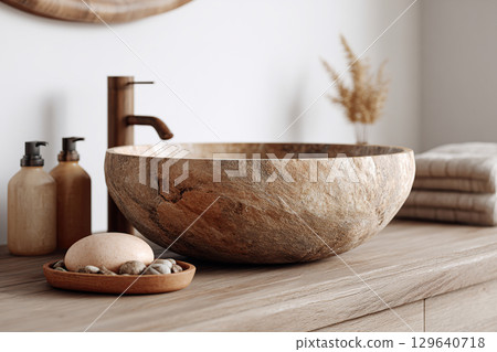 Stylish bathroom with stone sink featuring natural decor and soothing elements Stylish bathroom with stone sink featuring natural decor and soothing elements 129640718