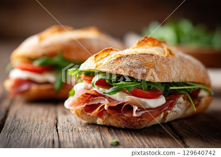 Layers of ciabatta rolls filled with ham, arugula, and fresh tomatoes on rustic wooden table Layers of ciabatta rolls filled with ham, arugula, and fresh tomatoes on rustic wooden table 129640742