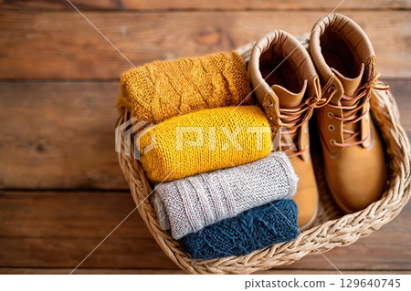 Wardrobe switch with neatly folded scarves and stylish boots in a cozy basket 129640745