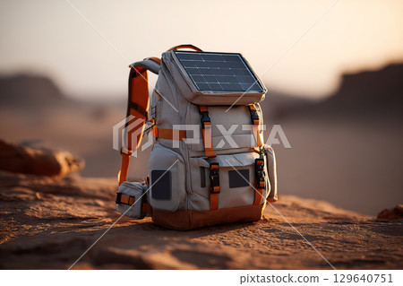 Innovative delivery backpack with solar panel for outdoor adventures in rugged terrain 129640751