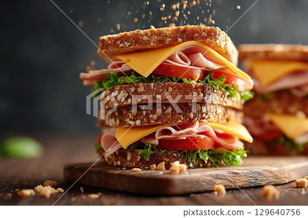Delicious sandwiches stacked high with golden melted cheese and fresh ingredients 129640756