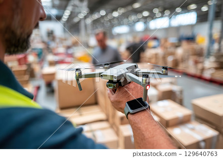 Technician operates drones in a warehouse setting for logistics and inventory management 129640763