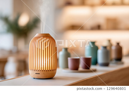 Relaxing office environment with ambient soundscape and aroma diffuser for productivity 129640801