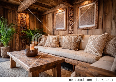 Tranquil detox lodge featuring calming soundscape and rustic decor 129640804