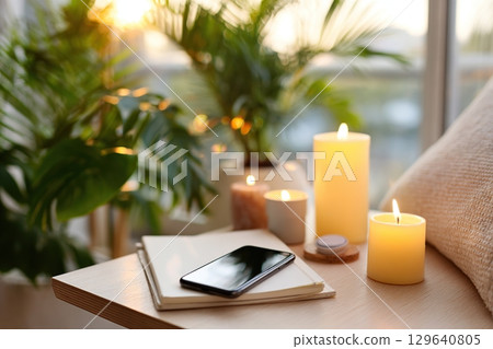 Relaxing detox moment with phone switched off surrounded by candles and plants 129640805