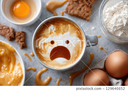Coffee with unique latte art depicting a yawning face served on a table with baked goods 129640852