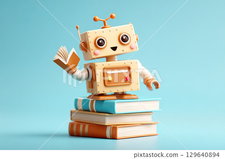 Joyful robot reading a book while standing on top of colorful stacked books 129640894
