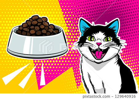 Cheerful cat eagerly awaiting mealtime 129640916