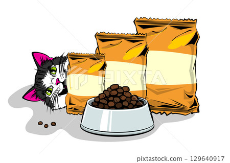 Cheerful cat eagerly awaiting mealtime 129640917