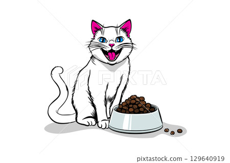 Cheerful cat eagerly awaiting mealtime 129640919
